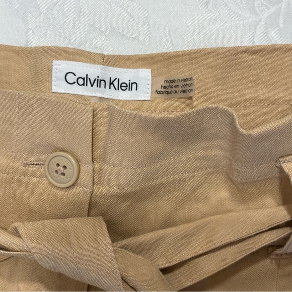 Calvin Klein Pants Womens 12 Straight Leg Ankle Linen Blend Belted Beige NWT - Picture 8 of 11
